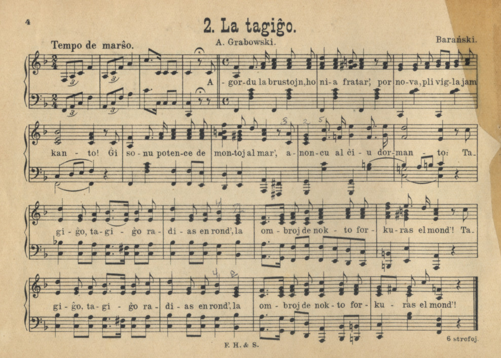 Sheet music for 'La Tagiĝo'