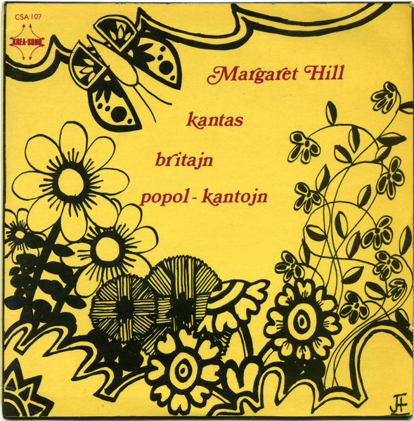 Album cover: Margaret Hill kantas britajn popol-kantojn, with line drawings of flowers and a butterfly.