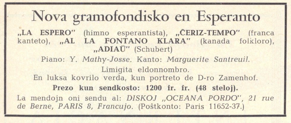 Advert for 'Nova gramofondisko en Esperanto'