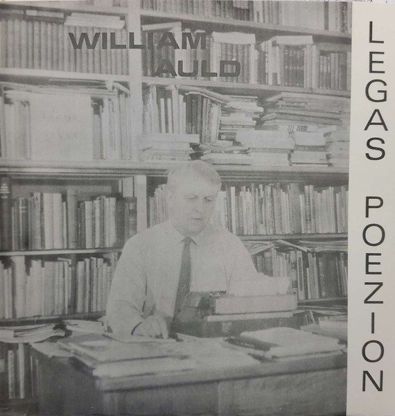 Album cover: William Auld Legas Poezion, containing a photo of Auld sat at a desk in a library.
